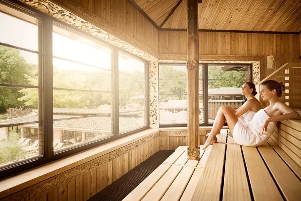 Panorama sauna at Vabali Spa Berlin with wooden benches and large windows overlooking the garden