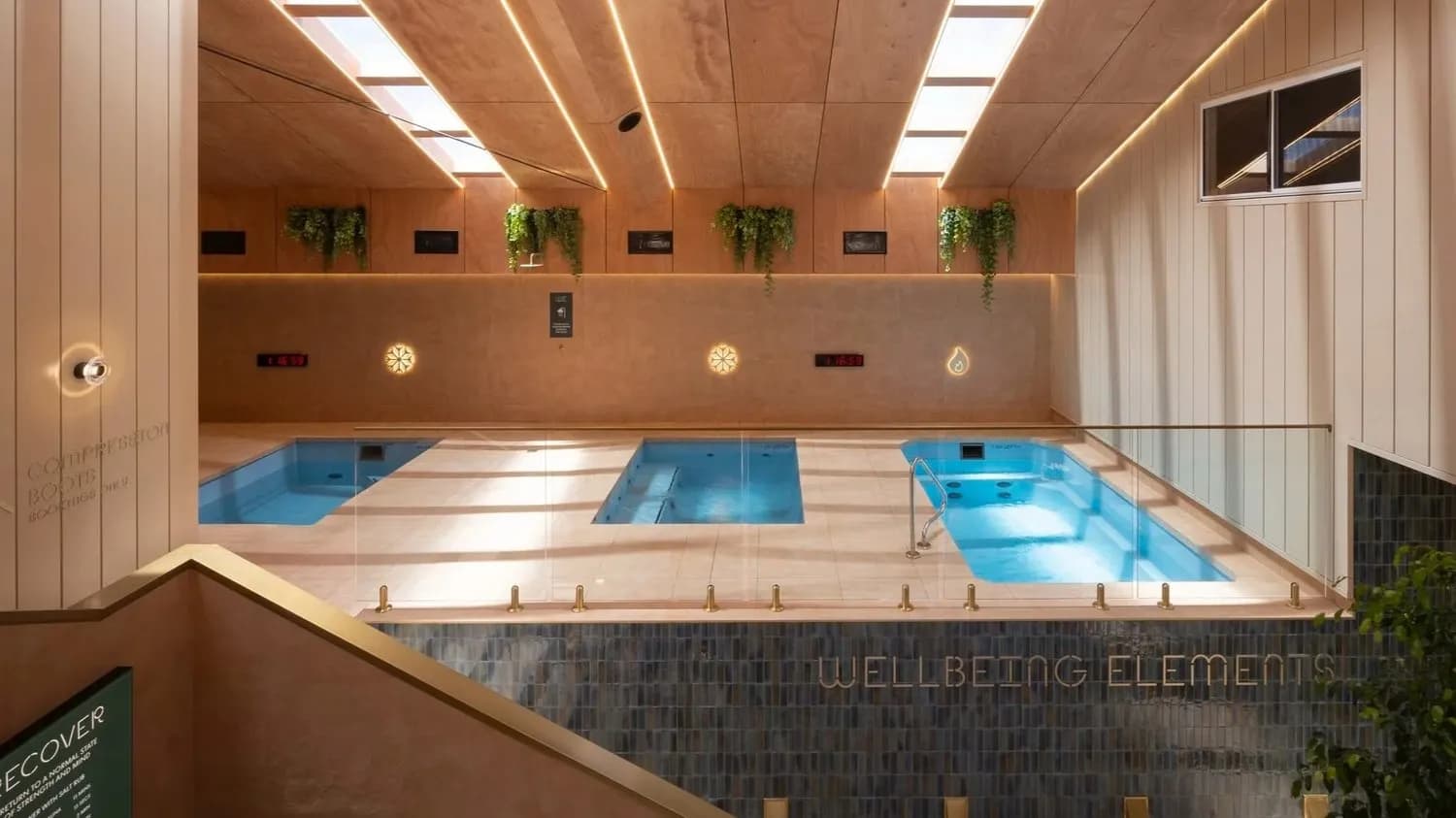 Indoor hot and cold plunge pools at Wellbeing Elements bathhouse on Phillip Island with wooden walls and hanging plants