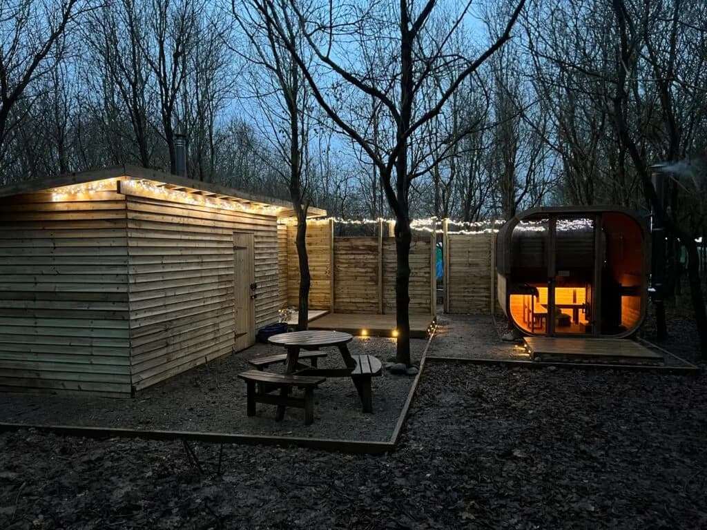 Fire and Stars woodland sauna area in Leicestershire