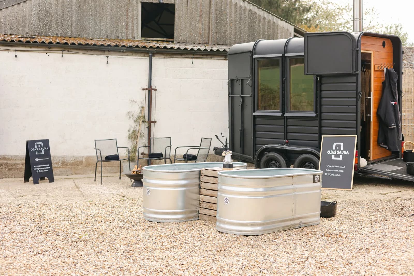 Ojas Sauna wood-fired horsebox sauna at Oxmoor Farm in the Chiltern Hills