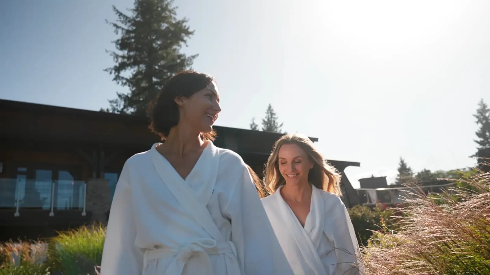 Outdoor pool deck overlooking Comox Bay at the Pacific Mist Spa