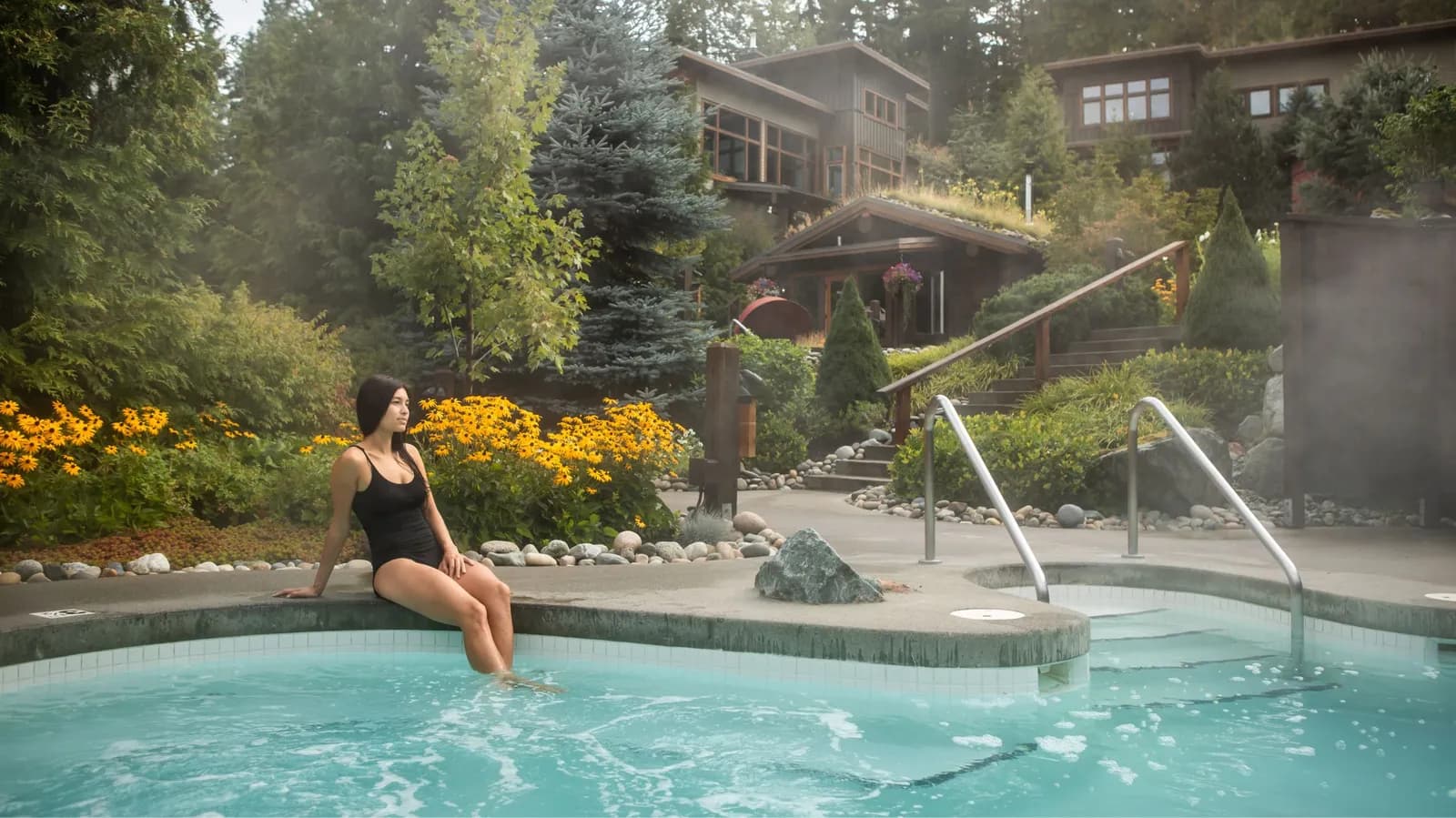 Scandinave Spa Whistler hot pool with mountain views