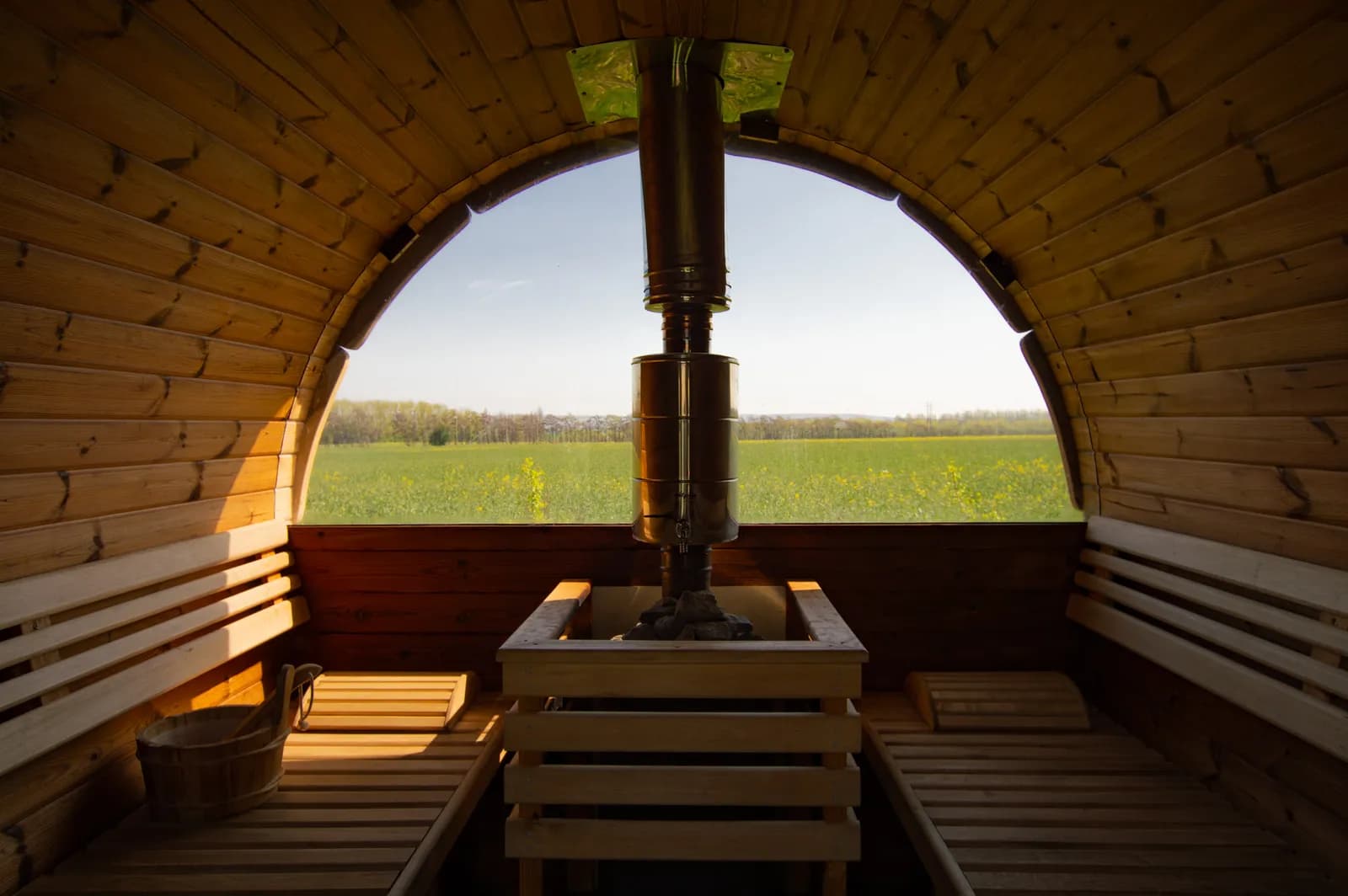 Wood-fired barrel sauna at Sea Scrub Macknade in the Kent countryside