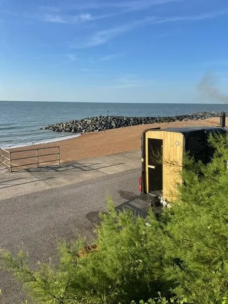 Steampunk Sauna communal wood-fired sauna on Folkestone beach