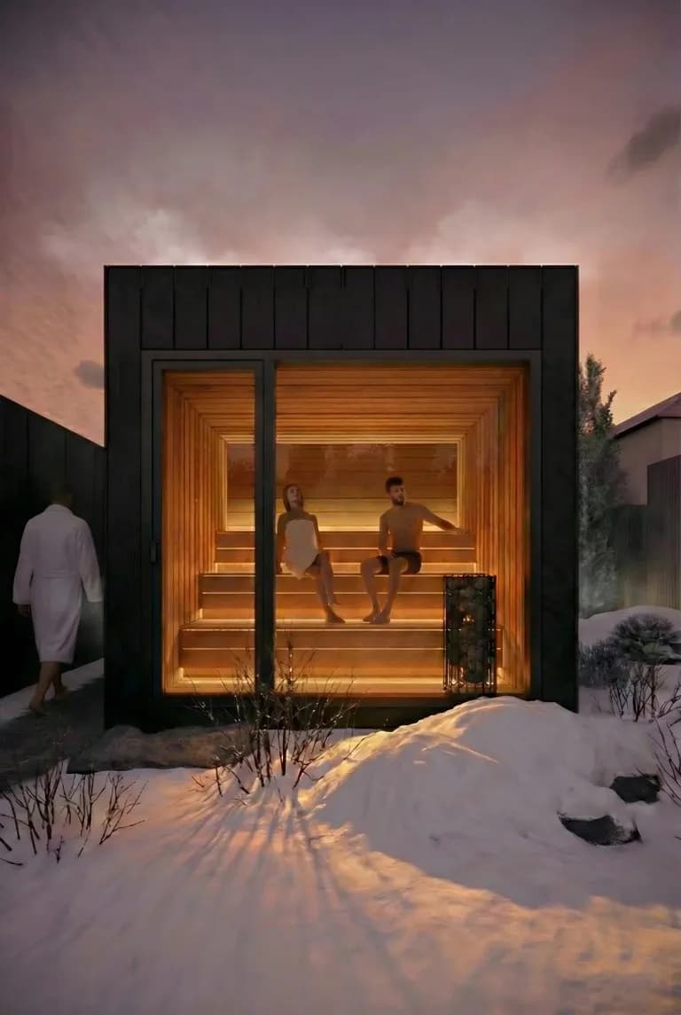 Cedar steam house at Thermae Eleven outdoor hydrotherapy spa in Calgary