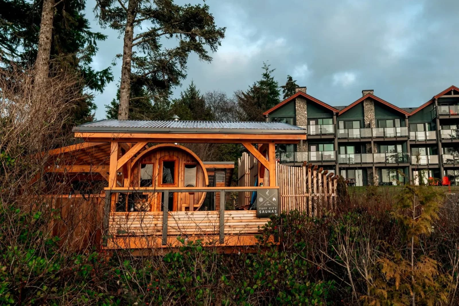 Tuff City Saunas wood-fired barrel sauna at TinWis Resort beachfront in Tofino